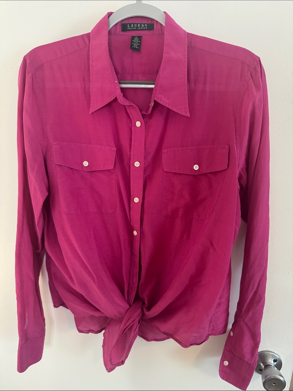 Lauren Ralph Lauren Bright Fuchsia Cotton/Silk Button-Up Tie Shirt XL